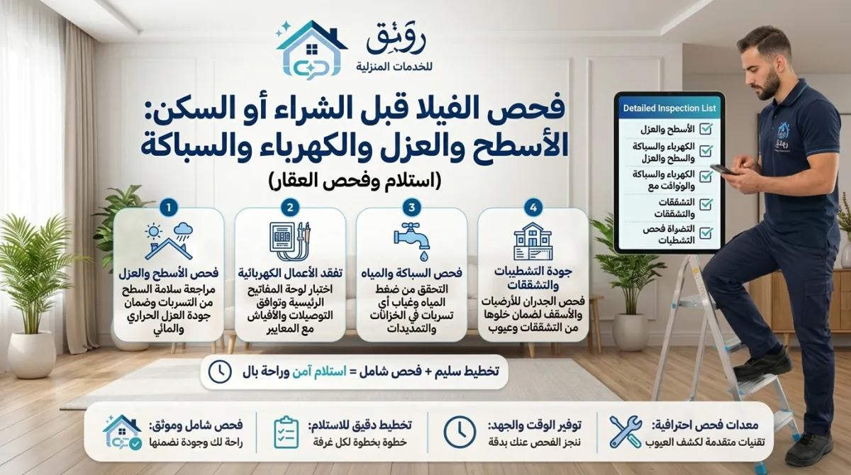 فحص الفيلا قبل الشراء أو السكن: الأسطح والعزل والكهرباء والسباكة