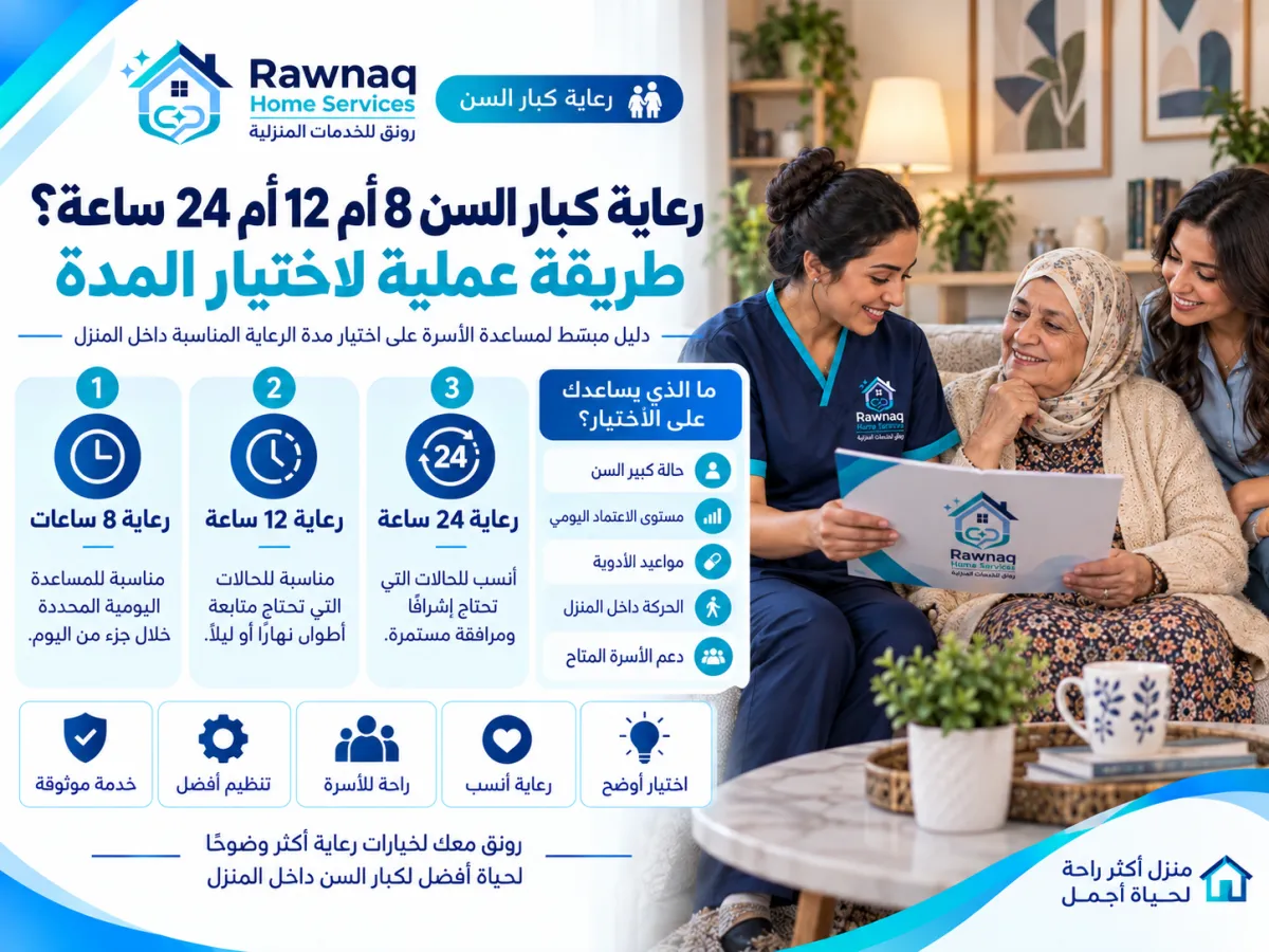 رعاية كبار السن 8 أم 12 أم 24 ساعة؟ طريقة عملية لاختيار المدة