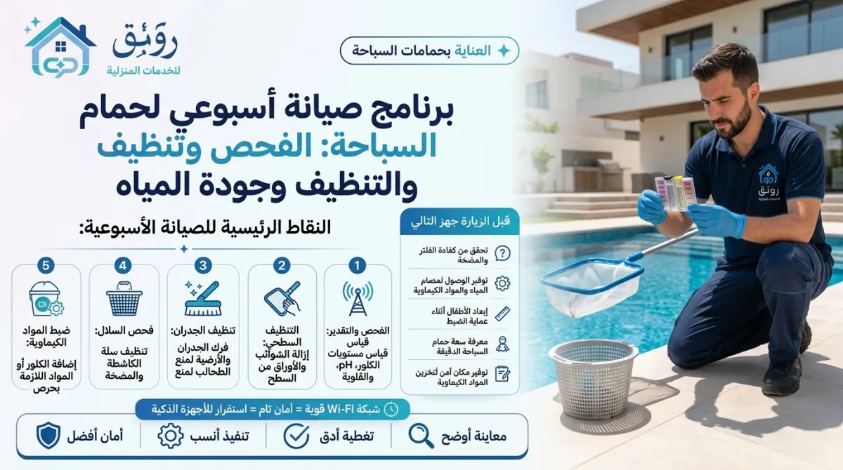 برنامج صيانة أسبوعي لحمام السباحة: الفحص والتنظيف وجودة المياه
